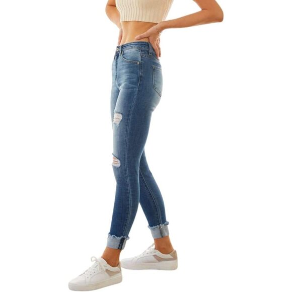 Women's High Rise Distressed Cuffed Ankle Skinny Jeans Medium Wash 28 - Picture 3 of 5